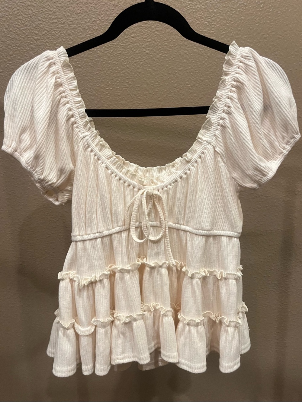 Altar'd State Cream Peasant Ruffle Tie-Front Crop Top